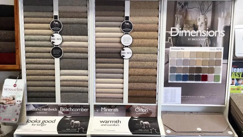 Brockway carpet samples in rows of different colours and textures