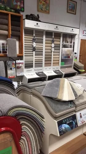 Sample books and display stands lining the showroom